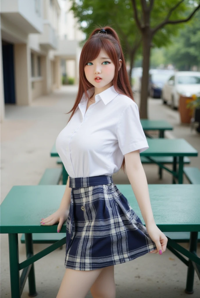 High quality real photo of a Thai woman ,  Pretty Girl  (((Big breasts部 , Big breasts , ))) ,  best quality,  a 20-year-old Thai girl in a school uniform standing at a green metal table,   She's wearing a white shirt (((Big breasts部 , Big breasts , )), Wearing a plaid dress , She raised the hem of her dress ,  and black shoes .  Her long black hair tied in a ponytail . She is looking directly into the camera, with a mischievous smile . Table and benches outdoors, A school building in the background. [ Digital Art, Portrait Style, Soft Focus, Silent color ,  natural light,  slight vignetting effect ]