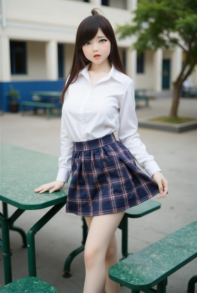 High quality real photo of a Thai woman ,  Pretty Girl  (((Big breasts部 , Big breasts , ))) ,  best quality,  a 20-year-old Thai girl in a school uniform standing at a green metal table,   She's wearing a white shirt (((Big breasts部 , Big breasts , )), Wearing a plaid dress , She raised the hem of her dress ,  and black shoes .  Her long black hair tied in a ponytail . She is looking directly into the camera, with a mischievous smile . Table and benches outdoors, A school building in the background. [ Digital Art, Portrait Style, Soft Focus, Silent color ,  natural light,  slight vignetting effect ]