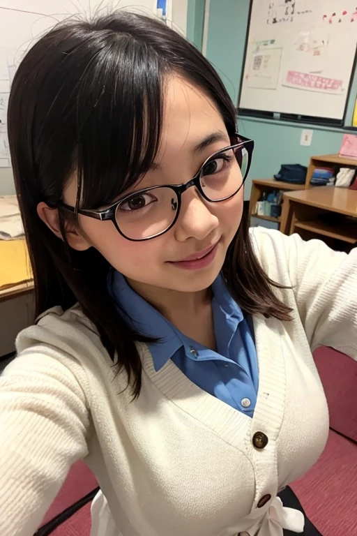 (masterpiece, highest quality:1.2), 8k, Young and beautiful girl, 85mm,Official AR RAW Photos, Baby Face、服を着たBig Breasts、Show me your ears、photo shoot, Cute face, Thighs, Classroom after school, Looking at the audience, Embarrassing、smile、No makeup, Film Grain, chromatic aberration, Sharp focus, Face Light, Bright lighting, 10 generations, Detailed face, Background Blur、((((((18 year old high school girl))))))、Tight waist、Sailor suit、i always wear glasses、Very large breasts、Big Breasts、A realistic Japanese school library,Girl reading a book, Best Shot