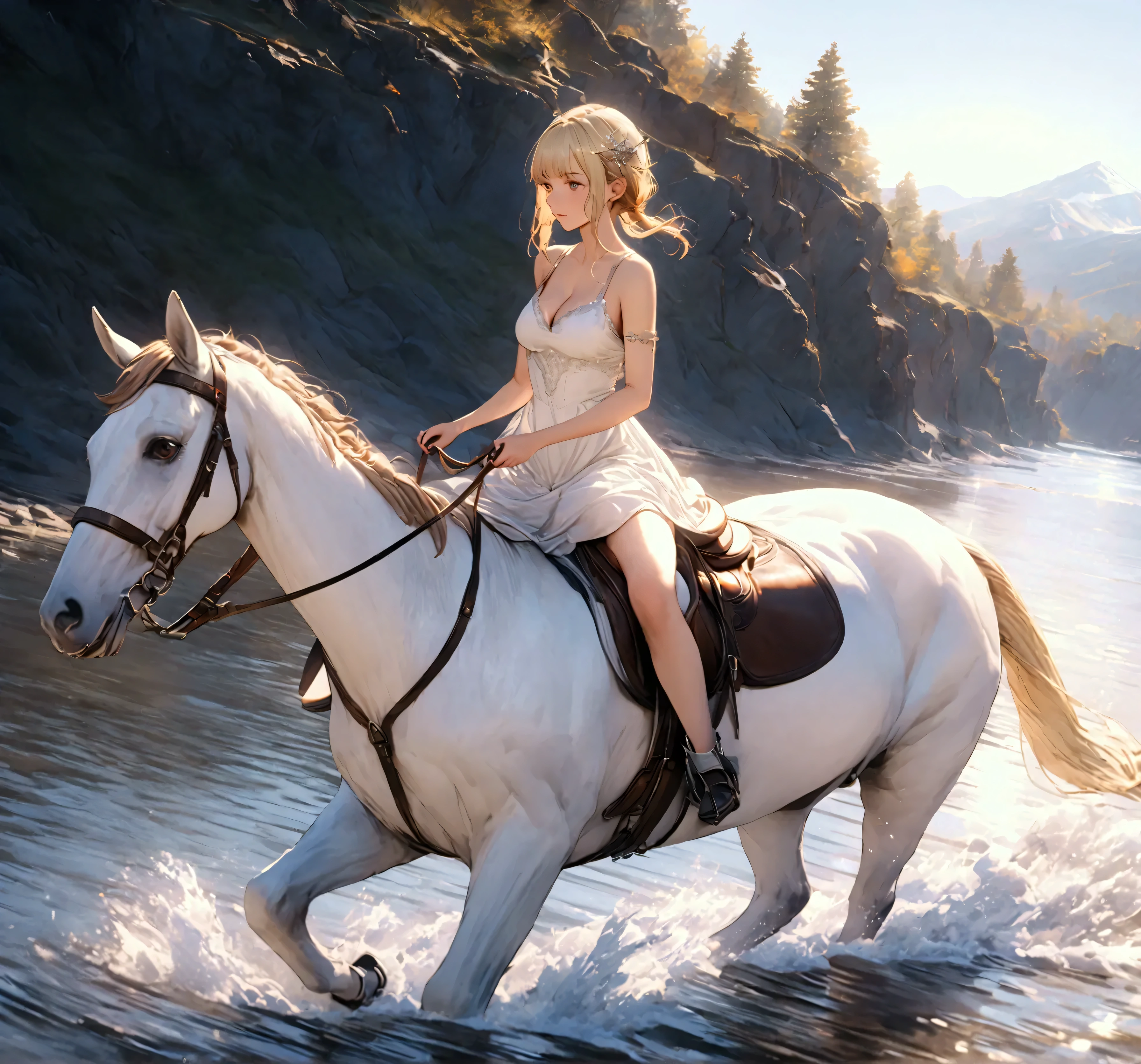 ((best quality)), ((anime masterpiece)), (high detailed), 8k, cinematic lighting, perfect face, perfect hand, riding, horse, (((a young woman wearing in adventurer clothes watching a blue sky while riding on a WHITE HORSE)), ([lumineSDXL, blonde hair, pixie cut, sidelocks, hair ornament, cleavage, medium breast]), (white dress, breastplate, cleavage, gauntlet, bare legs, greaves, )), BREAK, ([white horse, saddle, reins, bridle, standing]), solo, (in the river, mountainside, water splashes fantasy settings:1), both hand holding rein, from side: 1, anatomically correct