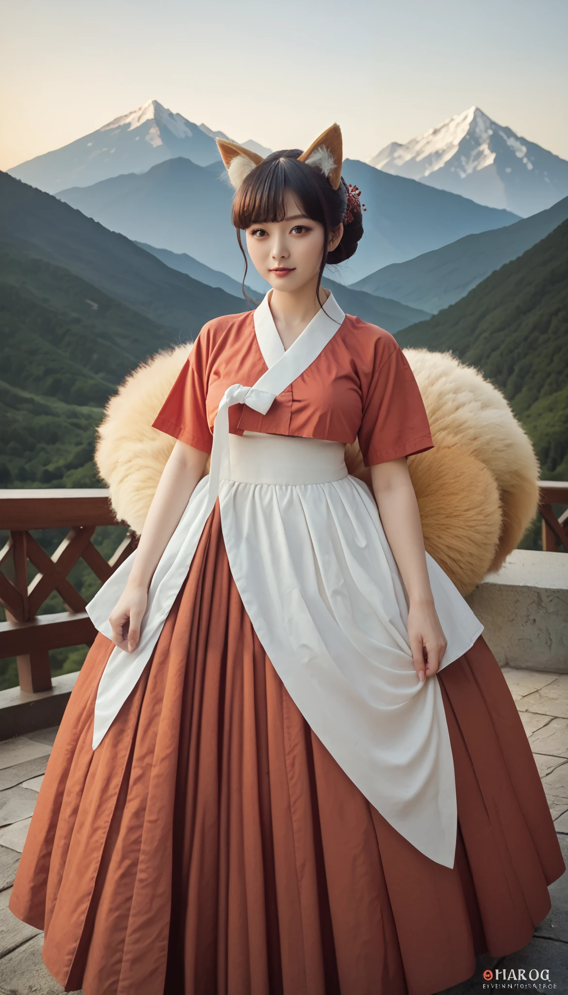 (masterpiece,  best quality :1.2), 1 woman,  alone, Gumiho, 여자 Gumiho,  Korean girl, Fox ears, fox tail, Hanbok,  dark hair, In the mountains, ( huge boobs ), magic