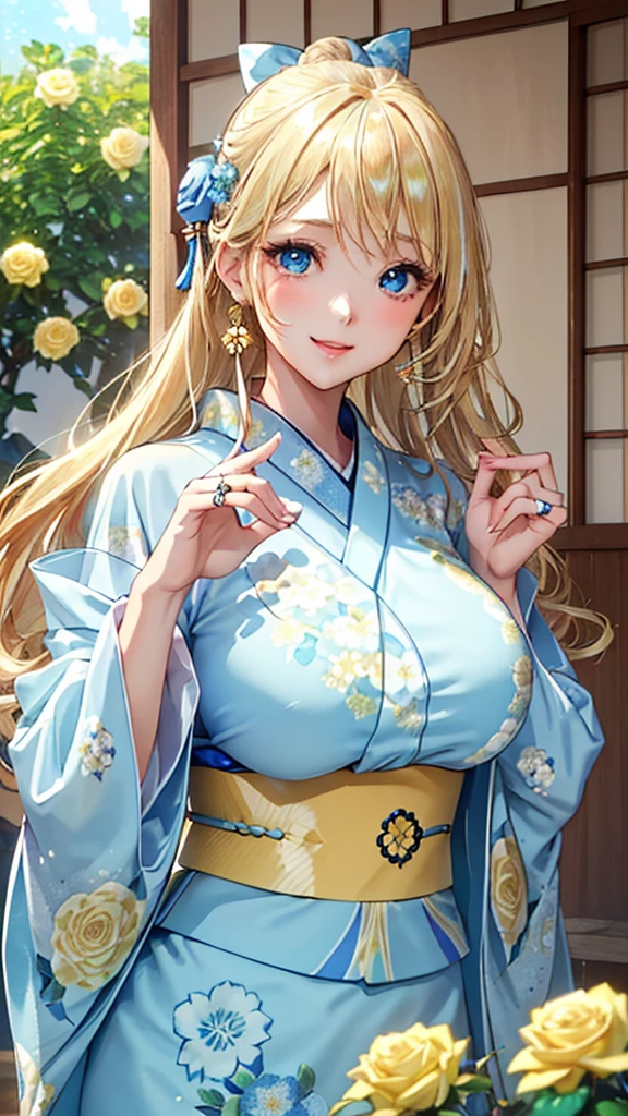 A masterpiece, ultra high definition, ultra HD quality, the most beautiful woman in history, anime, slender body, (large breasts), tall height, small face, well-balanced proportions, (shiny hair, light blonde hair:1.2), (Updo hair:1.3), (long bangs), (has beautiful shining eyes), (clear Blue eyes), (((shining highlights:1.3))), long eyelashes, pink lips, beautifully precise and delicate hand and finger creation, divine smile, (((Japanese kimono / pale blue colored furisode))), (((gorgeous floral kimono))), (yellow rose accessory:1.2), ((Hairpin)), (small earrings, ring), upper body, beautiful standing posture like a fashion model, Japanese shrine, torii gate
