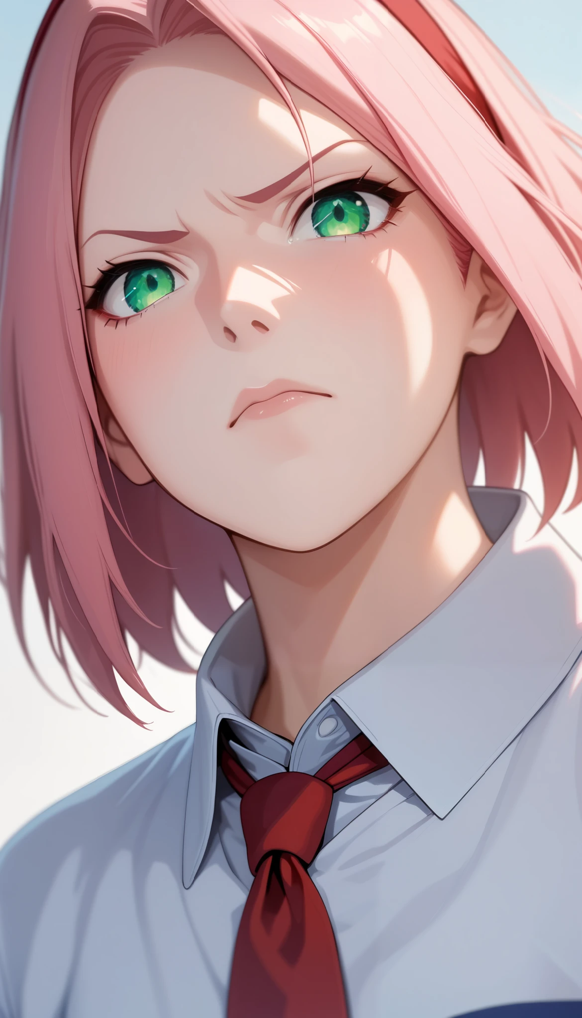 score_9, score_8_up, score_7_up, intricate details,
1girl, haruno sakura, naruto shippuden, pink hair, green eyes, collared shirt, white shirt, blue necktie, angry