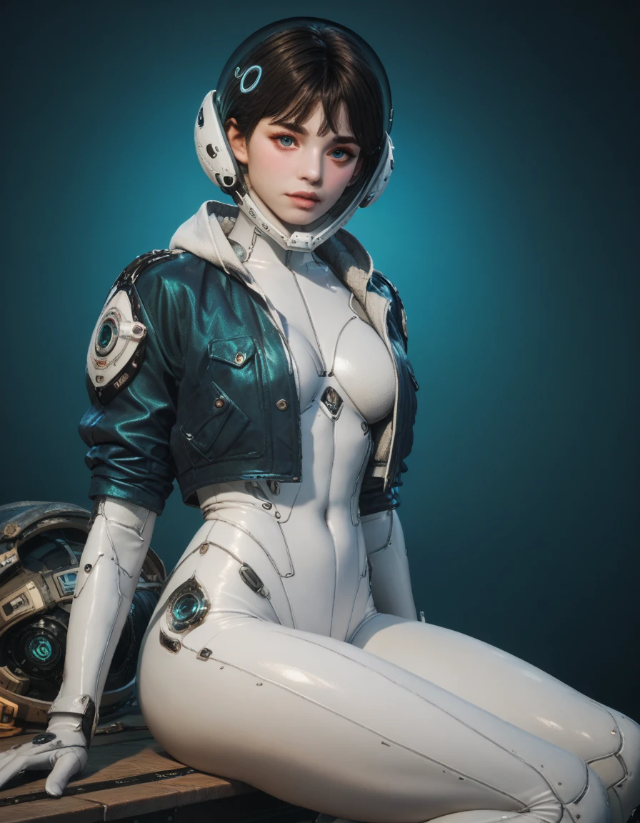 score_9, score_8_up, score_7_up,score_6_up, score_5_up,1girl, looking at the viewer, white bodysuit, blue jacket, bang, short hair, helmet, 
