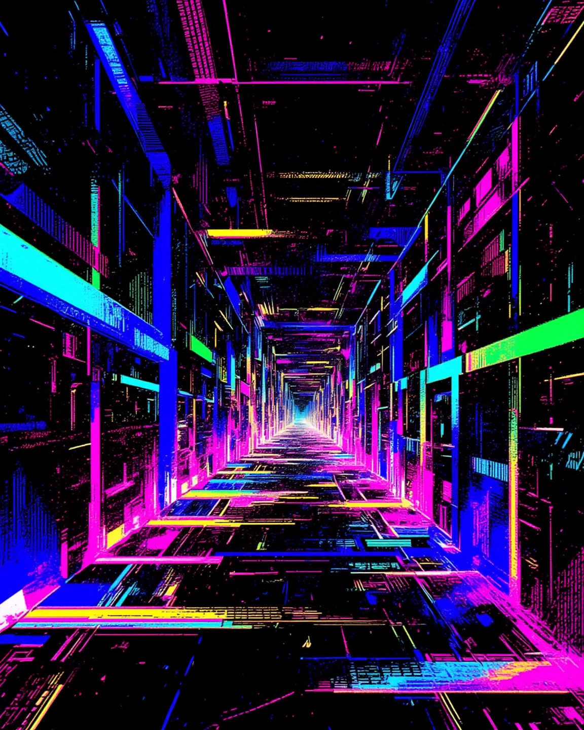 Endless corridors, "a corridors that vanishes into the distance", RGB Color Shift, chromatic aberration, RGB Shift, Video Glitch Photo Effect, Color Noise Texture, Video-like noise processing. 
holographic, vhs glitch, rainbow highlights, 
Glitch art background, in style,  dreams like. ascii art, Surreal, Romantic Retro Pop Background, vaporwave style. 