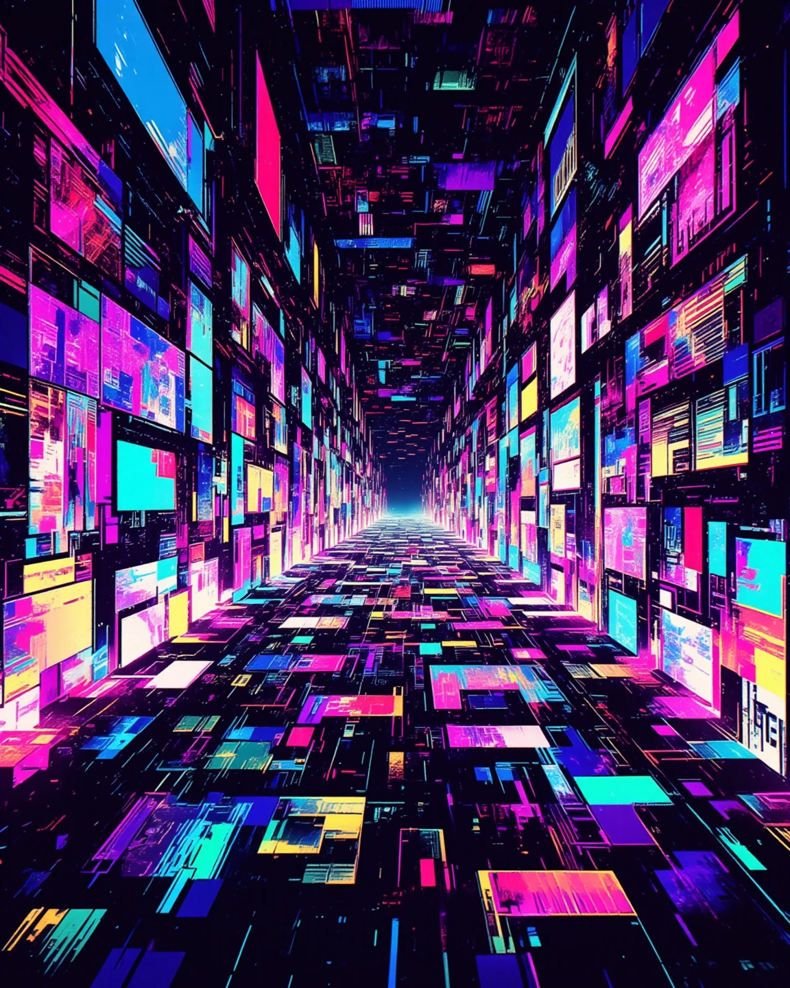 Endless corridors, "a corridors that vanishes into the distance", RGB Color Shift, chromatic aberration, RGB Shift, Video Glitch Photo Effect, Color Noise Texture, Video-like noise processing. 
holographic, vhs glitch, rainbow highlights, 
Glitch art background, in style,  dreams like. ascii art, Surreal, Romantic Retro Pop Background, vaporwave style. 