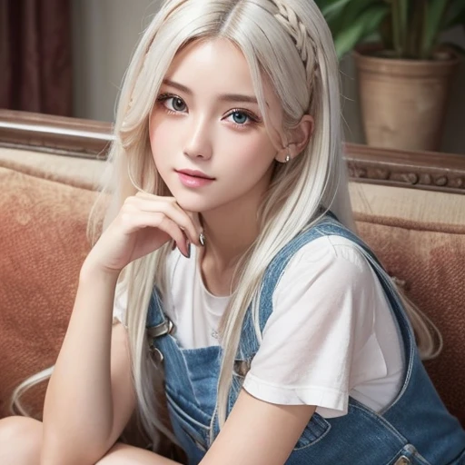 +Masterpiece,  top quality,  very detailed,   high school girl,  beautiful faces,  rich details , ( Beautiful adult girl with long white hair ),  perfect face,   overalls ,  sitting , close-up, Shabby sofa