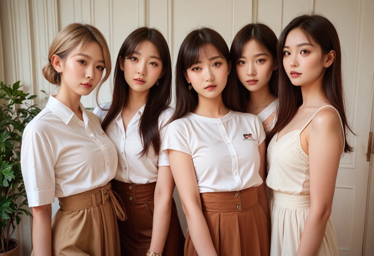 ((super high quality、High resolution、masterpiece、 Anatomically correct、Super detailed photos、Ultra-realistic photos、 Highest quality))、(3girls)、Group photo、looking at viewer、natural lighting、(Portrait Photography)、(White business shirt:1.2)、(from front)、(huge breast)、Light blue formal shirt、tight-fitting、Black Pencil Skirt、Small waist、Large Breasts、Detailed face、Perfect figure、Brown medium hair、Luxury hotel room at night、