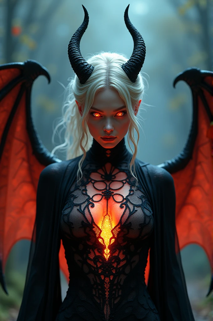 In this masterpiece, a stunning (sexy succubus warrior girl) stands at the center of the frame, radiating an aura of mystique and beauty. The ultra-detailed 4K image presents her in front of the huge (gates of hell:1.3) (with a vortex of black mana:1.3), surrounded by the fiery (crater of an erupting volcano). The volumetric lighting casts a warm glow on her porcelain skin, accentuating the intricate details of her (sexy demonic armor). Her straight blonde hair are beautiful, framing her charming smile and captivating cleavage. The spellbinding atmosphere is punctuated by (thunderstorms and flashes of red lightning) in the surreal dark sky, as if the very heavens are conjuring her presence. The composition masterfully balances depth and complexity, drawing the viewer's gaze to the perfect body, with its flawless anatomy and tantalizing pose. (Eurasian girl), (Charming smile), (beautiful big tits), (small black horns), (black Armor), She has (2 large wings:1.5) on her upper back. (2 high black wings:1.3). (2 high symmetrical wings:1.3). (Darkness). (Lava Armor, Armor of lava, stripped armor:1.3). (Wallpaper), (4K), (Photorealistic), (Dark thème)