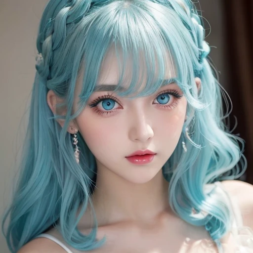  light blue hair, Turquoise Eye,  long lashes, Big Red Lips,  apricot eyes,  beauty,  Girly , Curly Hair,  princess