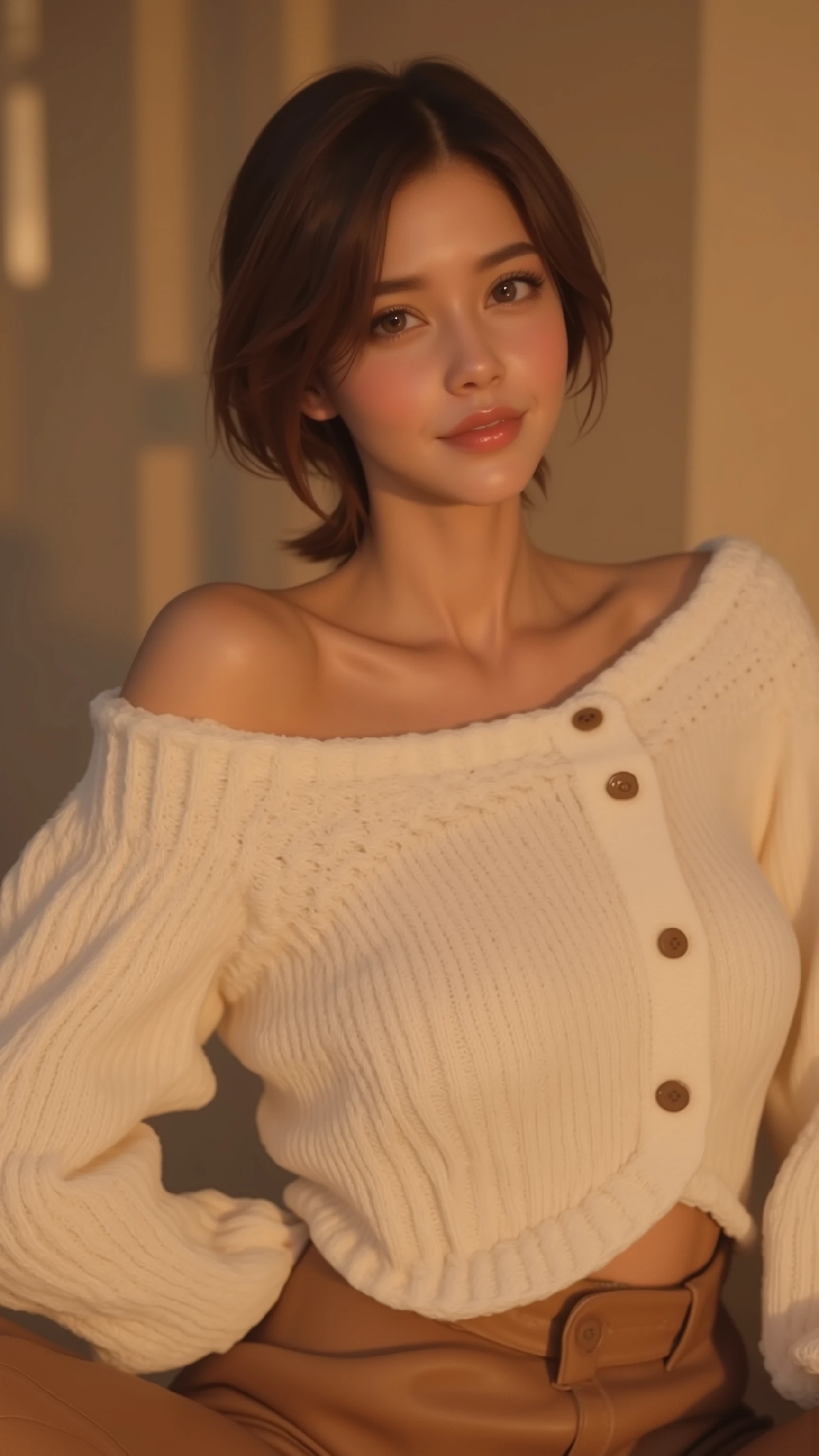 UHD, 16k, Masterpiece, top quality, (( Animation, Wearing a cream off-the-shoulder knit sweater and brown high-waist pants, the sweater features a slightly baggy fit, puff sleeves, and small button details near the neckline, dark brown hair is simple to style, a pleasant expression, )) ((seductive pose))