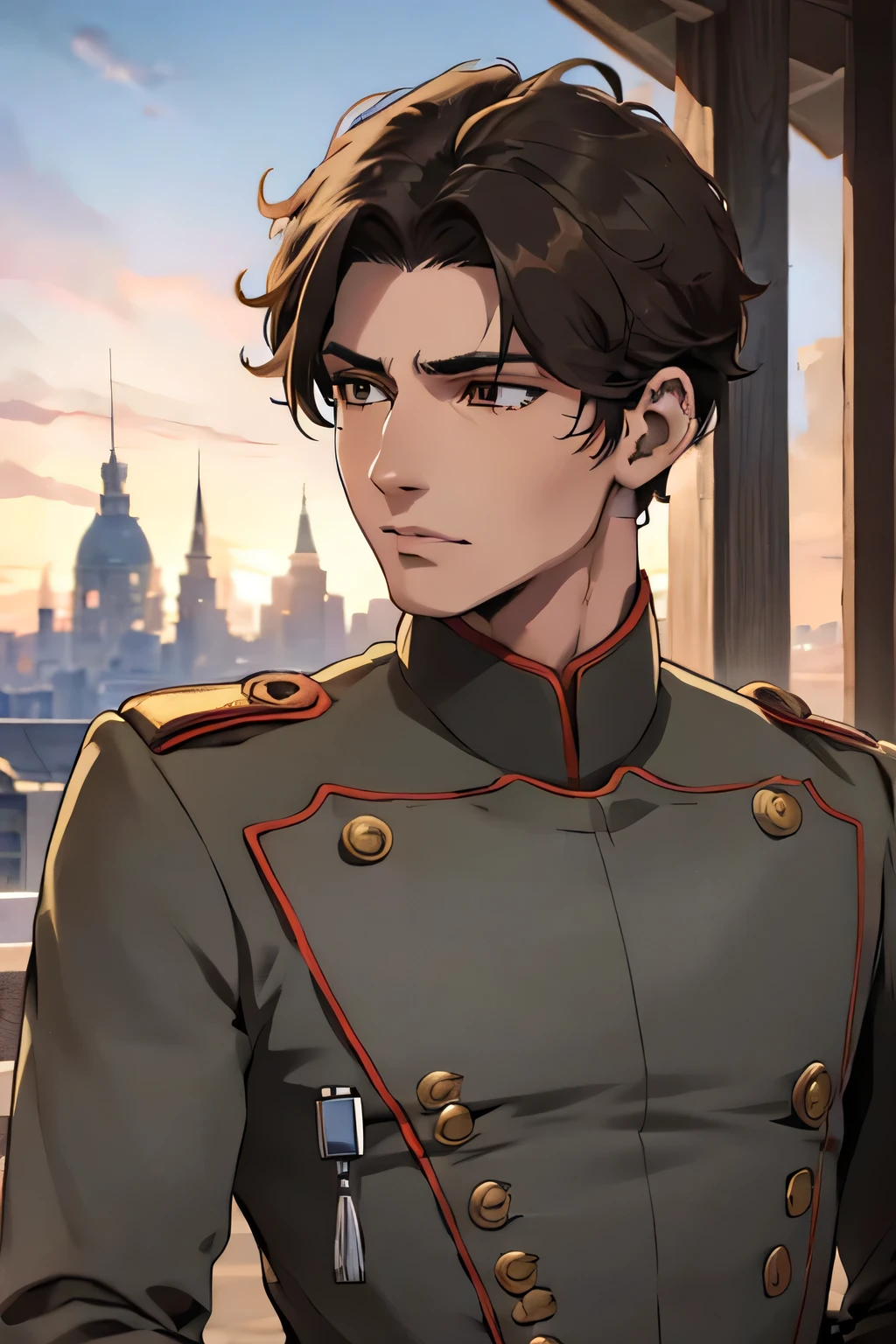 ultra quality, high detailed digital anime art, fine details, anime, 8k, masterpiece, hi-resolution, best quality, hi-res, Top Quality, High Quality, High Resolution, handsome, man, black hair, brown eyes, military uniform, short hair, warehouse, scar on face, athletic, scars on face