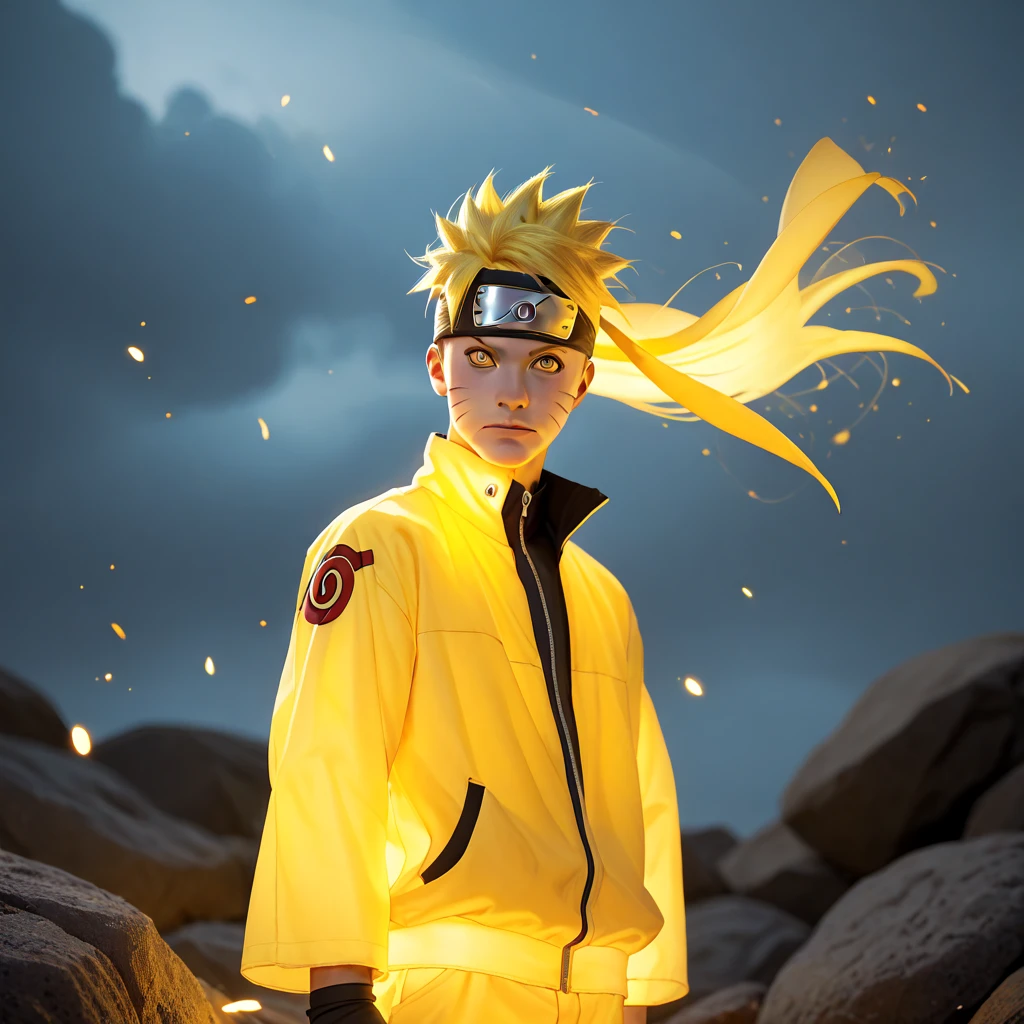 Naruto uzumaki, 1boy, glowing yellow hair, glowing yellow eyes, forehead protector, facial mark, glowing jacket, glowing pant, rocks, sky, wind, yellow dark aura xl