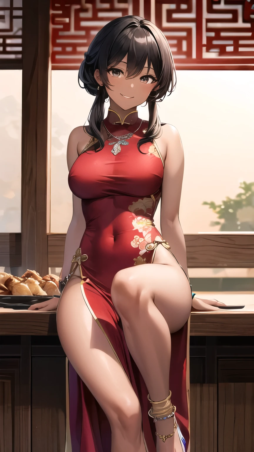 (High definition images), (((Red cheeks, An embarrassed expression)), Long, slender legs, The legs are small and slender, ((Wearing a red cheongsam)), (Not a skirt and no pants), No shoes, (not wearing underwear), (no underwear), ((panties pulled down)), (no panties, Visible genitals), The genitals are covered with a sticky, white, clear liquid that drips down, (There is a lot of pubic hair), (full body image), The shirt came off and a little bit of my breasts were visible, Sit close together and legs apart, In the Chinese fresh market.