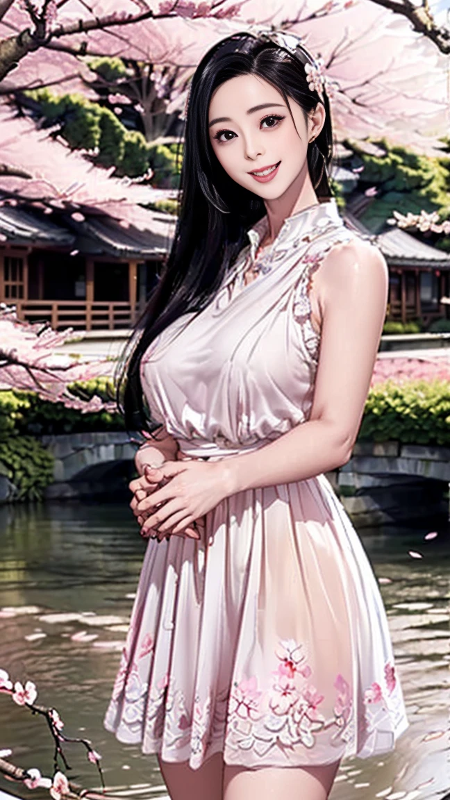 (8K、Raw photo, highest quality, masterpiece:1.2、Raw photo)、portrait, High resolution raw color photos, professional photos、super resolution, (realistic, real photos:1.3), 1 person、Super detailed, very detailed and beautiful, very detailed, amazing details、(Full body Esbian:1.3)、(photographed from a distance:1.2)、cute beautiful woman with perfect body:1.4、slim big:1.2、amazing details、cute beautiful woman with perfect body:1.4、slim big:1.2、shiny skin、glossy lips、High-definition face and skin texture、fine eyes、double eyelid、very detailedな、(dark brown hair color、long hair、curly hair)、big breasts、(((ample breasts:1.4))))、(high resolution chest、happy expression), 、big necklace、big earrings、(wearing a dress:1.1)、(white dress:1.1)、(dress like a princess:1.4)、(garden、big pond:1.2)、(sit in the middle of the pond)、(night、night桜、illumination、a lot of cherry blossom)、((Cherry blossom petals are dancing:1.3))
