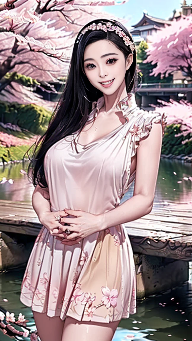 ((masterpiece, best quality:1.3)), 1girl, solo,  long hair, Big Breasts, smile, browneyes, fantasy forest, waterfall