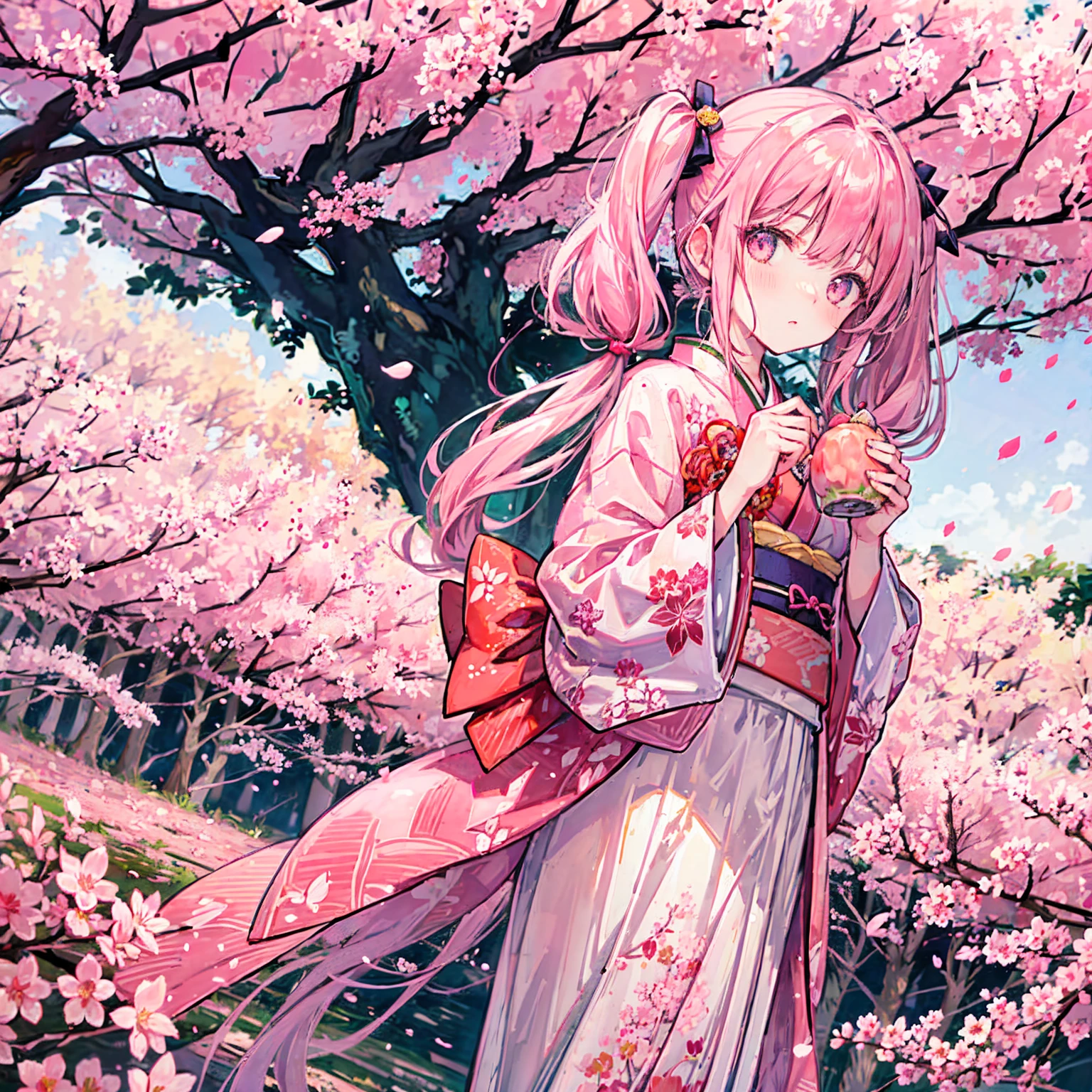 A girl with pink twintails in ninja style standing under a cherry tree in full bloom, wearing a light pink kimono with cherry blossom patterns on it, surrounded by a forest of peach trees with cherry blossom petals fluttering, the scenery is poetic, cute, rosy aura, many beautiful scenery details.