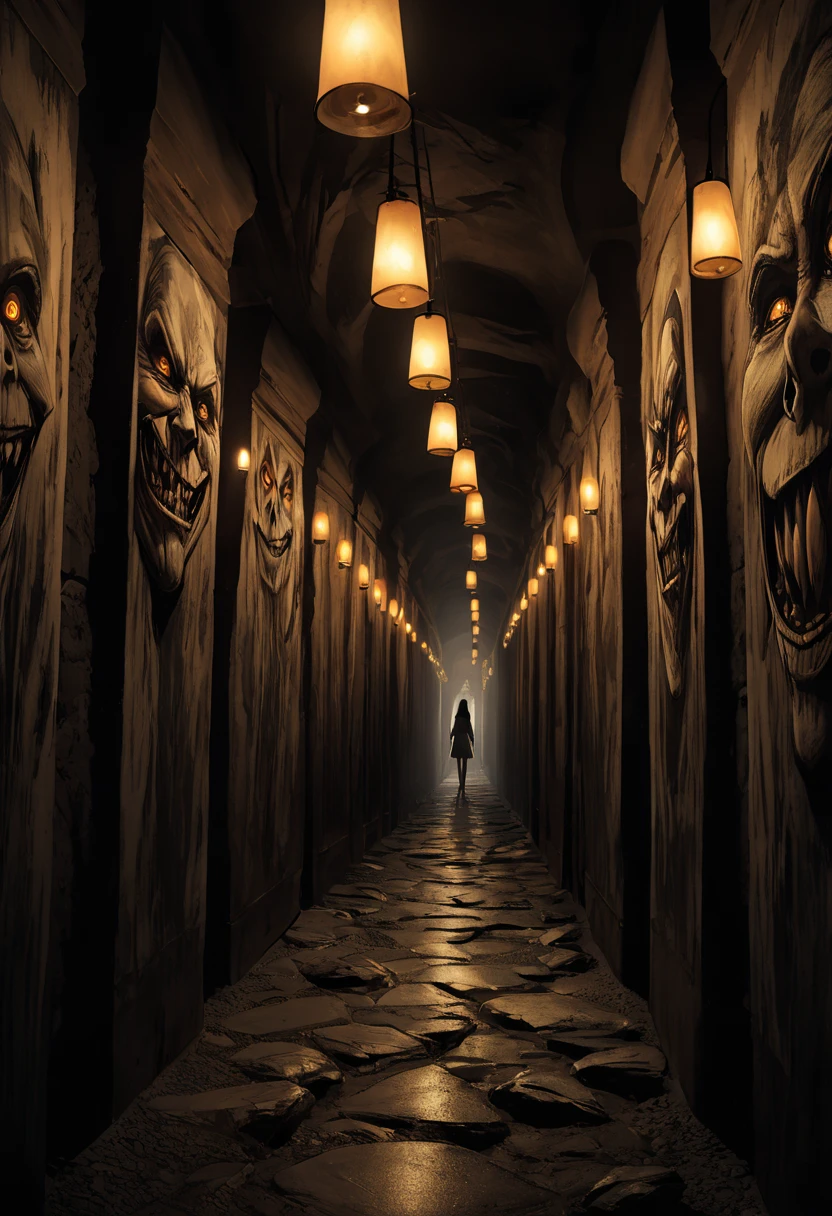 Surrealism, artwork, 8K quality, "endless corridor", perspective, converging to a single point, depicting an endlessly long corridor, numerous demon faces painted on the walls of the corridor, endless walls painted with demon faces, eerie rock corridor, yellow burning candles attached at equal intervals to the walls, long dimly lit corridor, a naked woman walking far ahead, unrealistic art.