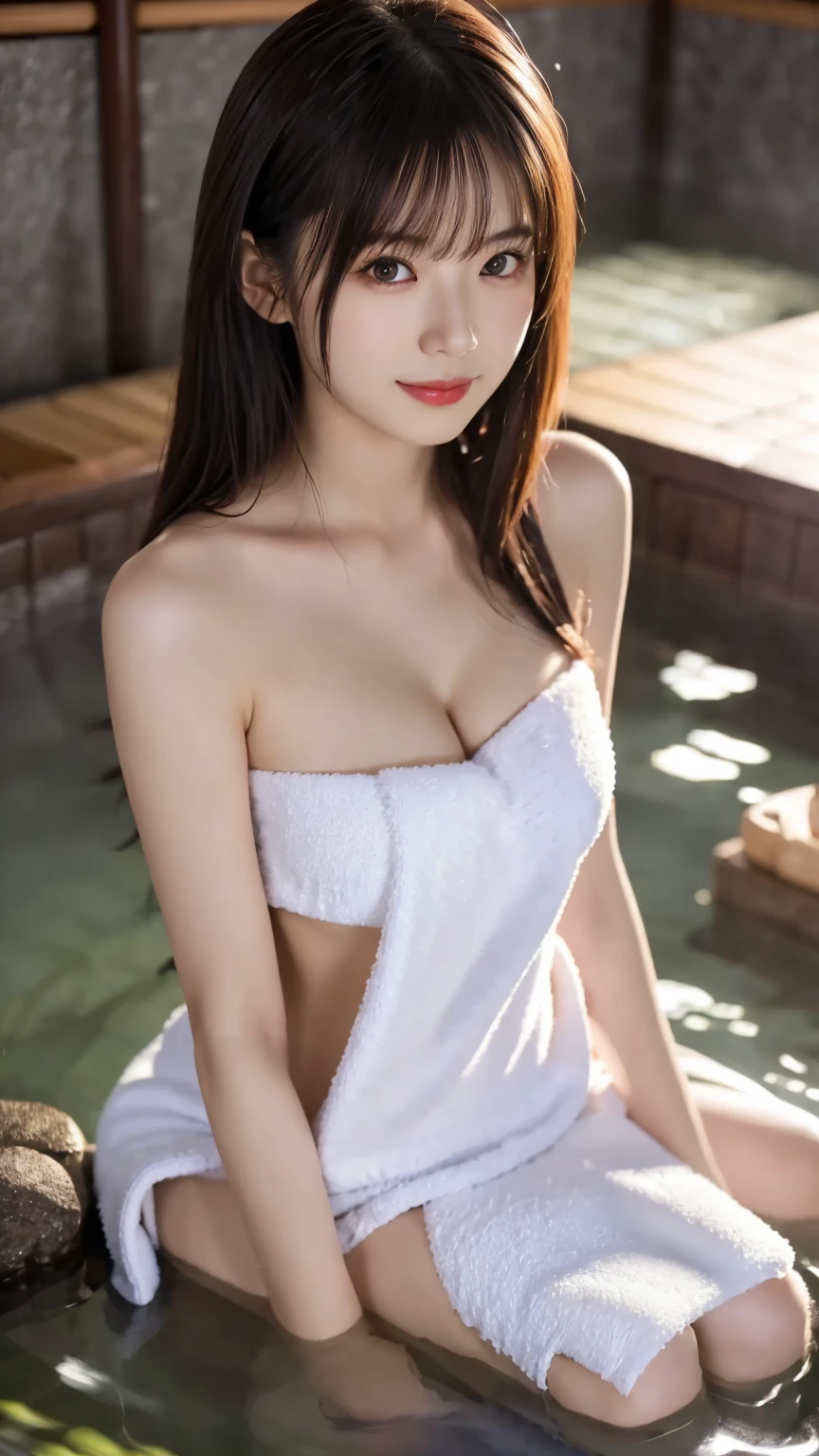 (Sit in the hot spring : 1.4), (Roll up a towel : 1.5), (onsen bath : 1.4), (upper face : 1.5)、(  Delicate Realistic Hair ,  Realistic black hair), bangs, smile, ((white indoor )), (  18 year old woman : 1. 2),   young and adorable Japanese face,  Official Art,   high definition in Buruma  CG Unity 8k wallpaper,Ultra   high definition in Buruma  , very detailed,  Half photo ,   high definition in Buruma  ,  Kodak Portrait 400,  film grain ,  Lens Flare Glow ,  top quality,8k,  portrait shot to highlight the texture ,8k,  show viewer  , ((Masterpiece)), ((  top quality)), (  very detailed), (( cute)), ((  sexy)), ((  very detailedな)), ( Detailed Clothing Characteristics), ( beautiful),  illustration,  beautiful Japanese woman, (( 1 Woman )), ( cleavage in years : 1.3)