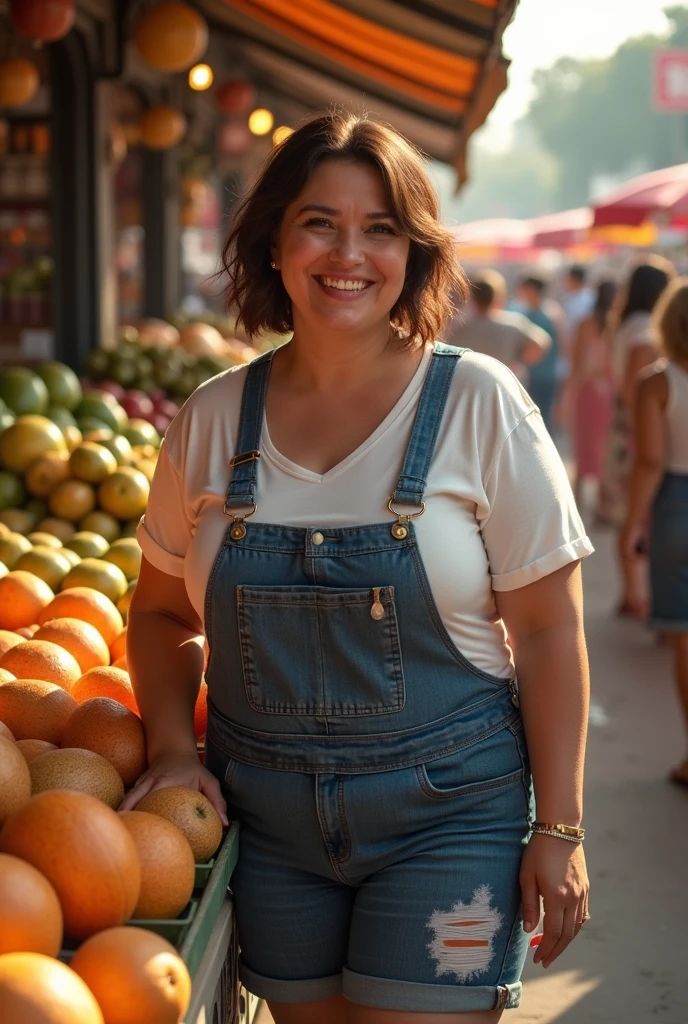 Sexy chubby mature milf. Weekly market as fruit seller. Melone Background: market. bbw. Plus size woman. Brown short hair. Smiling.