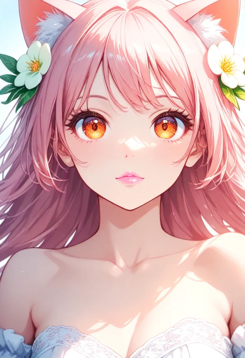 Lovely and gentle beauty, delicate sexy collarbone, charming egg face, double eyelid, smart peach flower eyes, pink lips, Small upturned nose, Bare shoulders, focused face, face close-up, more details, full body photo, Ultra-thin and transparent, pink hair, Optimal ratio, 4 fingers and 1 thumb on the book arm, cat ears, cinematic camera angle, dynamic action pose, orange eyes, creating a vibrant impression, away from the camera, anatomically correct