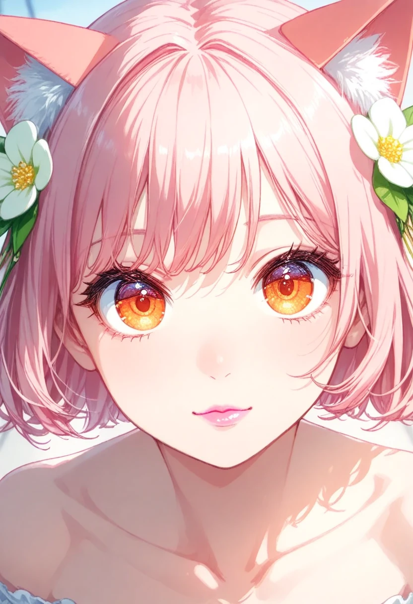 Lovely and gentle beauty, delicate sexy collarbone, charming egg face, double eyelid, smart peach flower eyes, pink lips, Small upturned nose, Bare shoulders, focused face, face close-up, more details, full body photo, Ultra-thin and transparent, pink hair, Optimal ratio, 4 fingers and 1 thumb on the book arm, cat ears, cinematic camera angle, dynamic action pose, orange eyes, creating a vibrant impression, away from the camera, anatomically correct