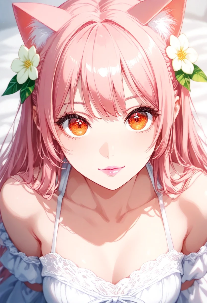 Lovely and gentle beauty, delicate sexy collarbone, charming egg face, double eyelid, smart peach flower eyes, pink lips, Small upturned nose, Bare shoulders, focused face, face close-up, more details, full body photo, Ultra-thin and transparent, pink hair, Optimal ratio, 4 fingers and 1 thumb on the book arm, cat ears, cinematic camera angle, dynamic action pose, orange eyes, creating a vibrant impression, away from the camera, anatomically correct