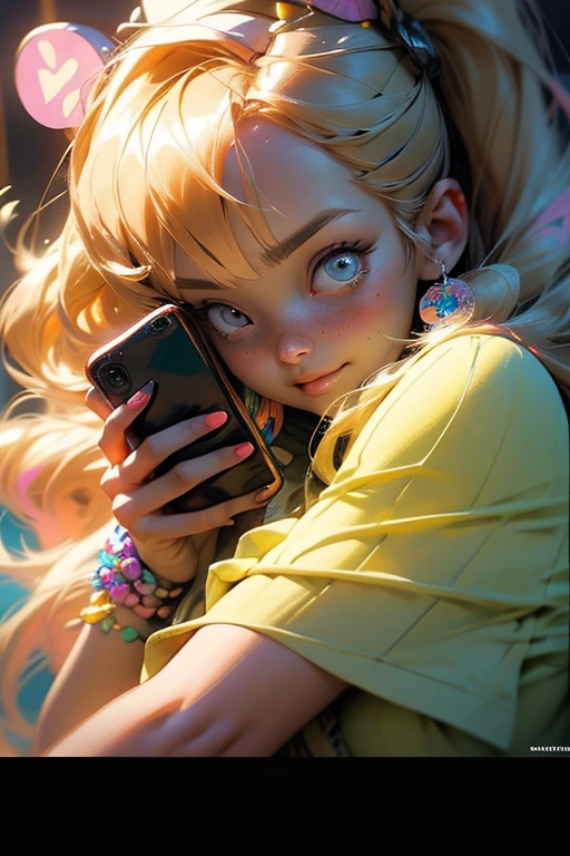  Anime Girl Hiding Her Mouth with a Decorated Cell Phone, Decora style illustration ,  soft anime illustration ,  Cell Phone-Themed Girl ,  Anime Girl Holding a Cell Phone ,Cute aesthetics, pastel goth aesthetics ,  anime atmosphere , Anime aesthetics, Lisa Frank & Murase Sho , 9 0 s Anime aesthetics, Holo Sticker, The aesthetics of orange, 90s anime style 