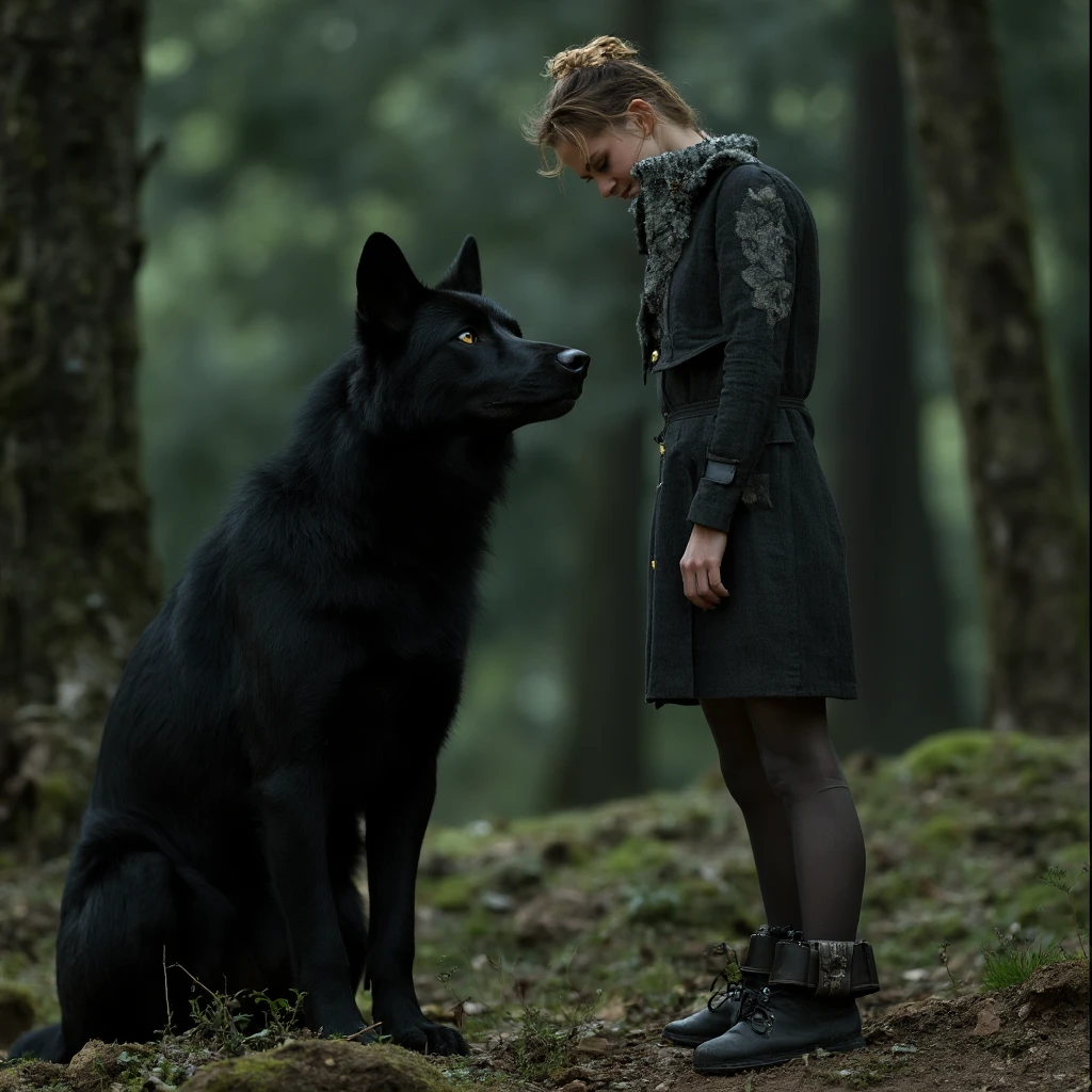 kristen_stewart twilight scene standing and a black wolf beside her