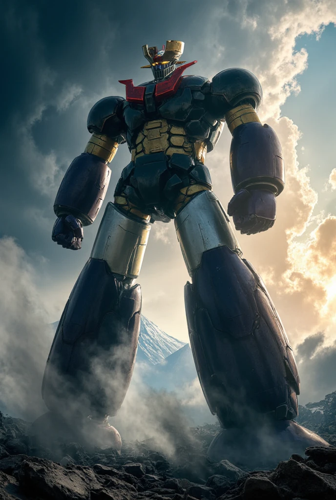  a very realistic version of the modified Mazinger Z,    I'm in a battle pose while leaning forward at a height of 100 meters　 Bad Weather Being Remodeled into Great Mazinger　thunder　Burnt Remains of an Enemy Machine Beast Underfoot 　god々The cumulonimbus clouds shine the sun shines 　Mount Fuji