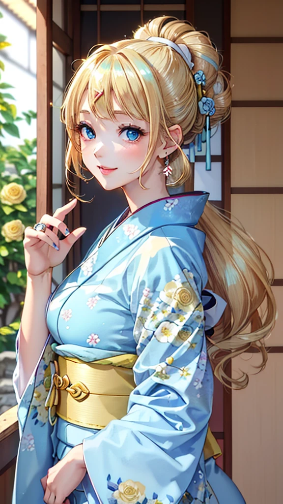 A masterpiece, ultra high definition, ultra HD quality, the most beautiful woman in history, anime, slender body, (large breasts), tall height, small face, well-balanced proportions, (shiny hair, light blonde hair:1.2), (((Updo hair:1.3))), (long bangs), (has beautiful shining eyes), (clear Blue eyes), (((shining highlights:1.3))), long eyelashes, pink lips, beautifully precise and delicate hand and finger creation, divine smile, (((Japanese kimono / pale blue colored furisode))), (((gorgeous floral kimono))), (yellow rose accessory:1.2), ((Hairpin)), (small earrings, ring), upper body, beautiful standing posture like a fashion model, Japanese shrine, torii gate
