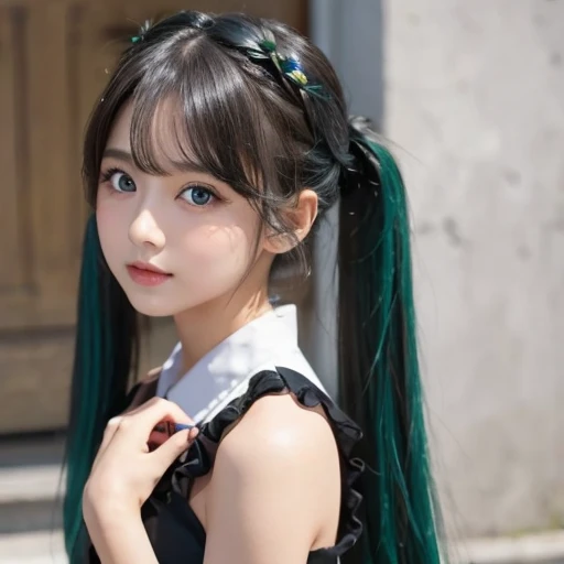 Innocence,  dark green hair ,  twin tails,  turn your arms around your back , white dress, Black waist tie,  girl , blue eyes,