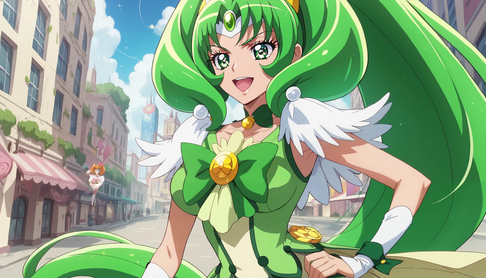  high resolution ,  Masterpiece, precise,  best quality ,  High Detail , โมเดล high resolution ,  Background Converter, City at night, From the Pretty Cure series, , Cure March, Long hair,  green hair ,  Green Eyes,  White pupil,  big breasts, PUT ON A PREQUEUE, Put on stockings, belt 