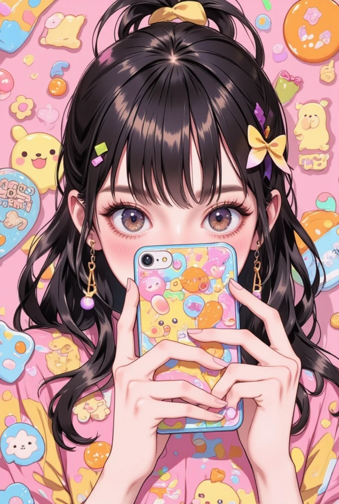  Anime Girl Hiding Her Mouth with a Decorated Cell Phone, Decora style illustration ,  soft anime illustration ,  Cell Phone-Themed Girl ,  Anime Girl Holding a Cell Phone ,Cute aesthetics, pastel goth aesthetics ,  anime atmosphere , Anime aesthetics, Lisa Frank & Murase Sho , 9 0 s Anime aesthetics, Holo Sticker, The aesthetics of orange, 90s anime style 