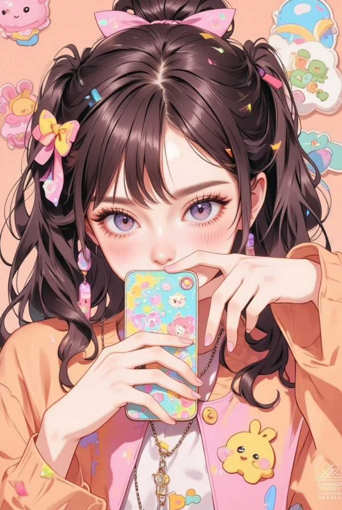  Anime Girl Hiding Her Mouth with a Decorated Cell Phone, Decora style illustration ,  soft anime illustration ,  Cell Phone-Themed Girl ,  Anime Girl Holding a Cell Phone ,Cute aesthetics, pastel goth aesthetics ,  anime atmosphere , Anime aesthetics, Lisa Frank & Murase Sho , 9 0 s Anime aesthetics, Holo Sticker, The aesthetics of orange, 90s anime style 