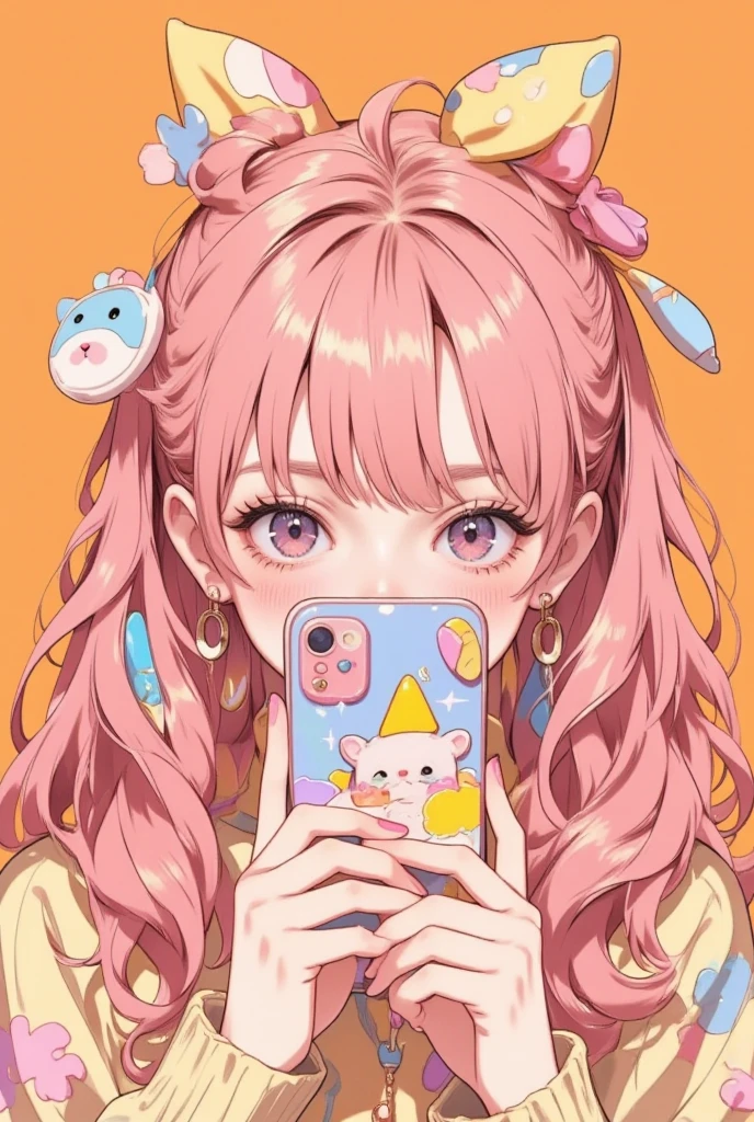  Anime Girl Hiding Her Mouth with a Decorated Cell Phone, Decora style illustration ,  soft anime illustration ,  Cell Phone-Themed Girl ,  Anime Girl Holding a Cell Phone ,Cute aesthetics, pastel goth aesthetics ,  anime atmosphere , Anime aesthetics, Lisa Frank & Murase Sho , 9 0 s Anime aesthetics, Holo Sticker, The aesthetics of orange, 90s anime style 