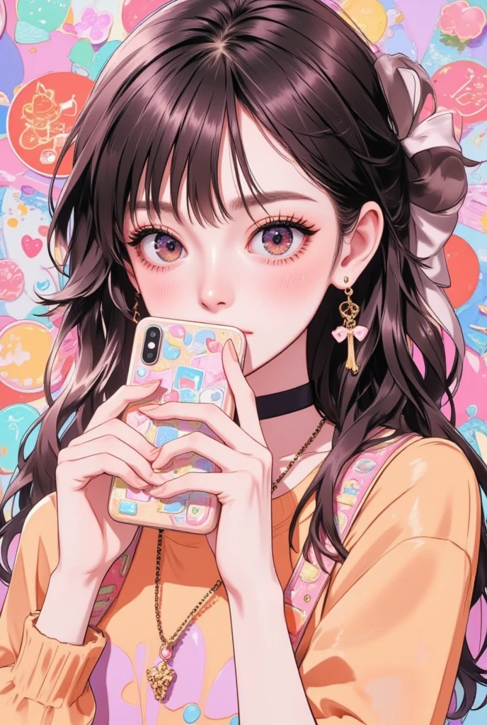  Anime Girl Hiding Her Mouth with a Decorated Cell Phone, Decora style illustration ,  soft anime illustration ,  Cell Phone-Themed Girl ,  Anime Girl Holding a Cell Phone ,Cute aesthetics, pastel goth aesthetics ,  anime atmosphere , Anime aesthetics, Lisa Frank & Murase Sho , 9 0 s Anime aesthetics, Holo Sticker, The aesthetics of orange, 90s anime style 