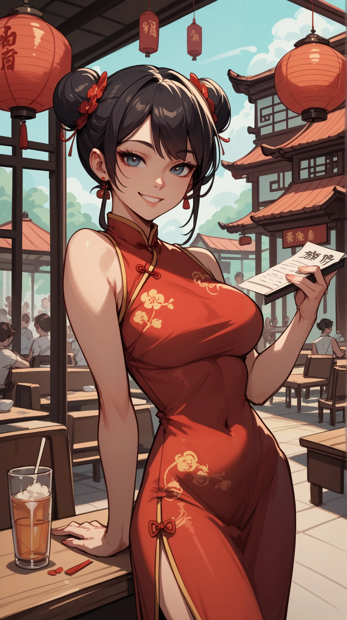 (masterpiece), (best quality), (ultra-detailed), beautiful mature female, detailed eyes, green eyes, brown hair, twin bun hair, blush, (embarrassed smile), cute fangs, open mouth, (china dress), medium breasts, cleavage cutout, (in the China town), (in front of crowd), bokeh