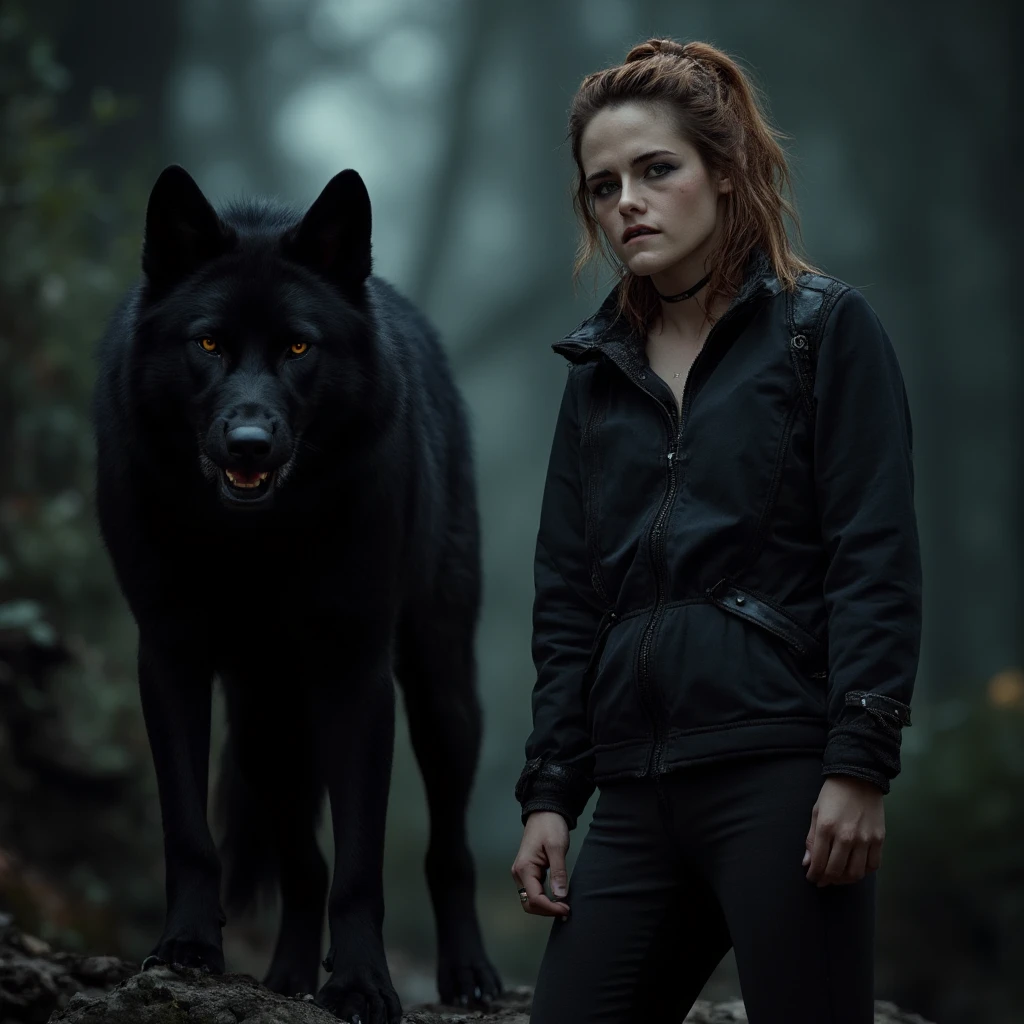 kristen_stewart twilight scene standing looking at the camera and a angry black wolf beside her
