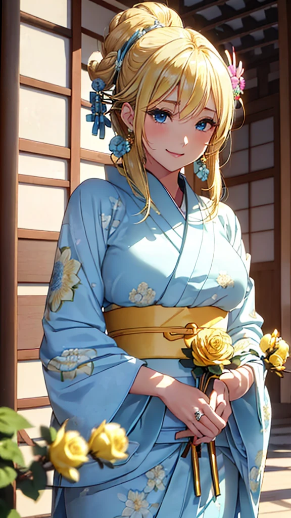 A masterpiece, ultra high definition, ultra HD quality, the most beautiful woman in history, anime, slender body, (large breasts), tall height, small face, well-balanced proportions, (shiny hair, light blonde hair:1.2), (((Updo hair:1.3))), (long bangs), (has beautiful shining eyes), (clear Blue eyes), (((shining highlights:1.3))), long eyelashes, pink lips, beautifully precise and delicate hand and finger creation, divine smile, (((Japanese kimono / pale blue colored furisode))), (((gorgeous floral kimono))), (yellow rose accessory:1.2), ((Hairpin)), (small earrings, ring), upper body, beautiful standing posture like a fashion model, Japanese shrine, torii gate
