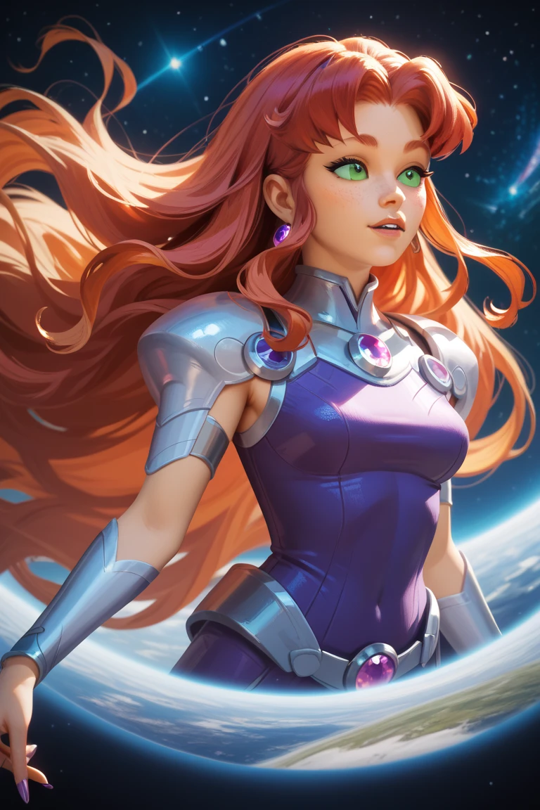 Starfire, very long hair, In space, High Resolution, Anatomically Correct, Accurate, Best Quality, HD