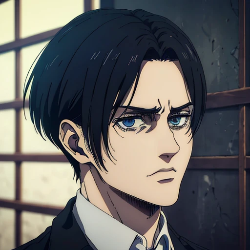 (best quality,4k,8k,highres,masterpiece:1.2),ultra-detailed,(realistic,photorealistic,photo-realistic:1.37), young male , mappa art style,  heart-shaped face,  dark blue eyes detailed, dark  hair with best hairstyle, he is slim, he looks handsome, sharp jawline, he is wearing grey suit, vibrant color,he looks like Levi Ackerman from Attack on Titan Season 4, portrayed in a solemn and intense demeanor. His appearance includes short black hair, tired gray eyes with visible dark circles