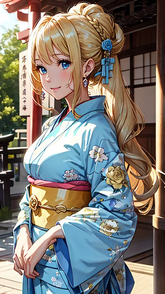 A masterpiece, ultra high definition, ultra HD quality, the most beautiful woman in history, anime, slender body, (large breasts), tall height, small face, well-balanced proportions, (shiny hair, light blonde hair:1.2), (((Updo hair:1.3))), (long bangs), (has beautiful shining eyes), (clear Blue eyes), (((shining highlights:1.3))), long eyelashes, pink lips, beautifully precise and delicate hand and finger creation, divine smile, (((Japanese kimono / pale blue colored furisode))), (((gorgeous floral kimono))), (yellow rose accessory:1.2), ((Hairpin)), (small earrings, ring), upper body, beautiful standing posture like a fashion model, Japanese shrine, torii gate
