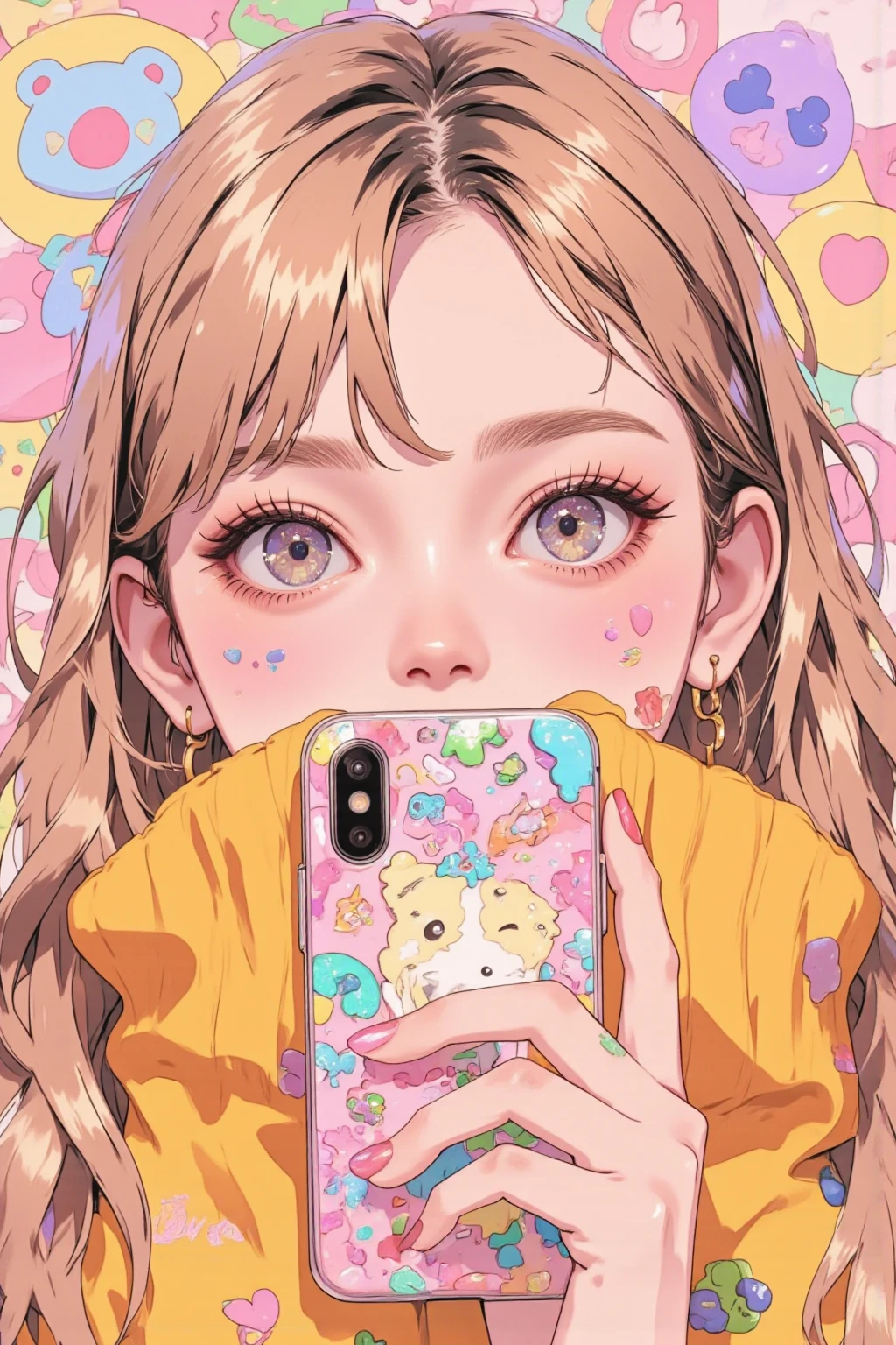  Anime Girl Hiding Her Mouth with a Decorated Cell Phone, Decora style illustration ,  soft anime illustration ,  Cell Phone-Themed Girl ,  Anime Girl Holding a Cell Phone ,Cute aesthetics, pastel goth aesthetics ,  anime atmosphere , Anime aesthetics, Lisa Frank & Murase Sho , 9 0 s Anime aesthetics, Holo Sticker, The aesthetics of orange, 90s anime style 