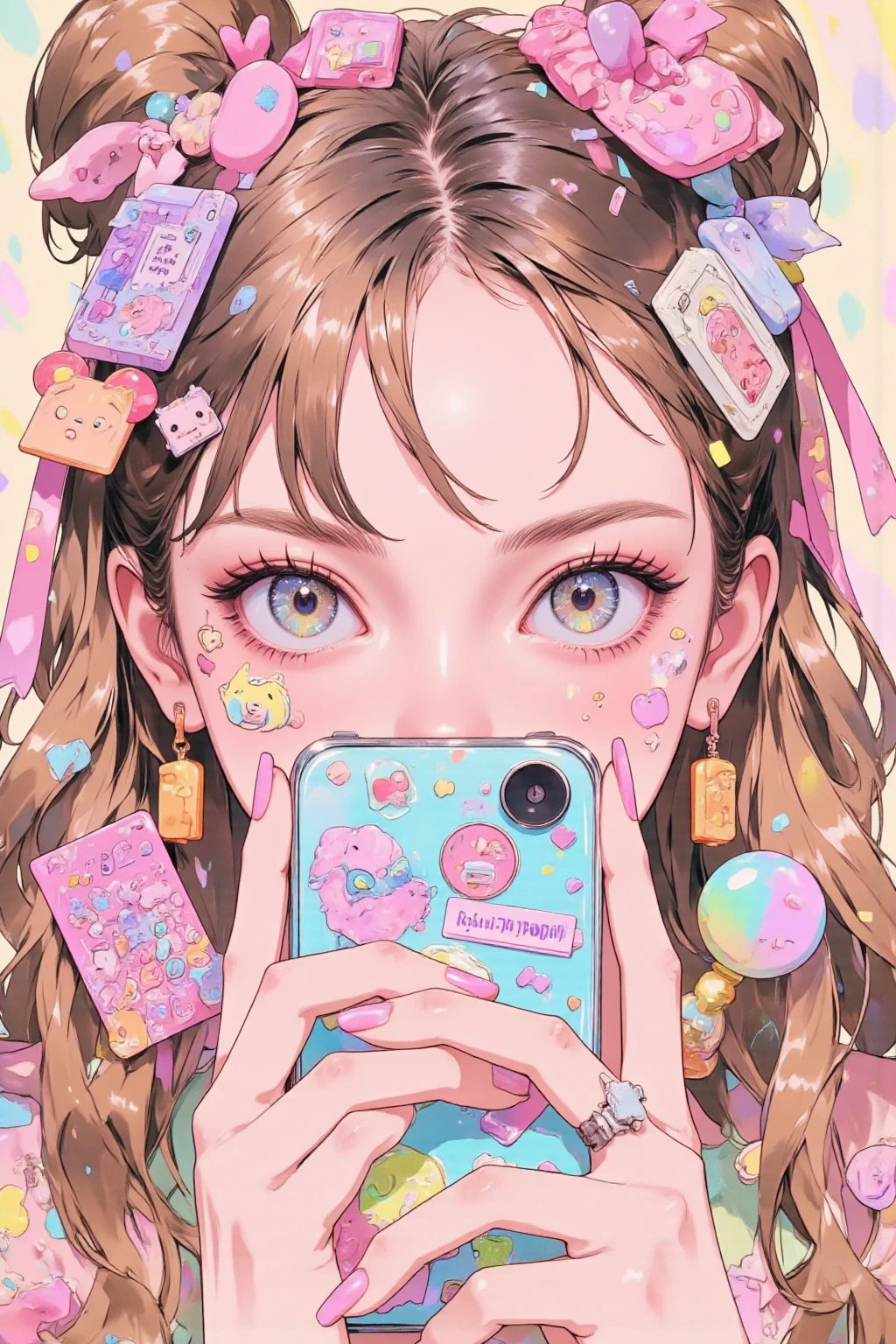  Anime Girl Hiding Her Mouth with a Decorated Cell Phone, Decora style illustration ,  soft anime illustration ,  Cell Phone-Themed Girl ,  Anime Girl Holding a Cell Phone ,Cute aesthetics, pastel goth aesthetics ,  anime atmosphere , Anime aesthetics, Lisa Frank & Murase Sho , 9 0 s Anime aesthetics, Holo Sticker, The aesthetics of orange, 90s anime style 