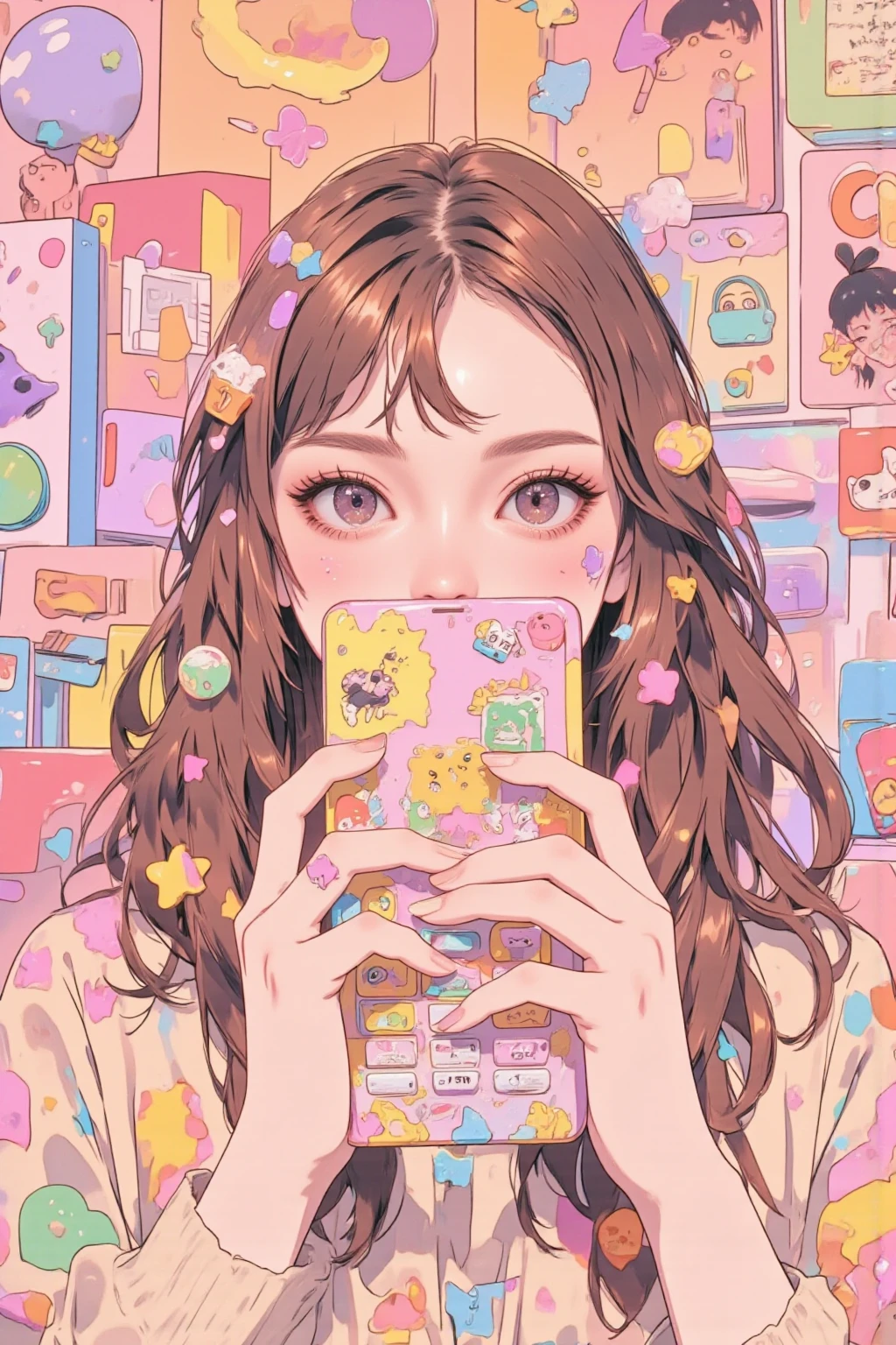  Anime Girl Hiding Her Mouth with a Decorated Cell Phone, Decora style illustration ,  soft anime illustration ,  Cell Phone-Themed Girl ,  Anime Girl Holding a Cell Phone ,Cute aesthetics, pastel goth aesthetics ,  anime atmosphere , Anime aesthetics, Lisa Frank & Murase Sho , 9 0 s Anime aesthetics, Holo Sticker, The aesthetics of orange, 90s anime style 