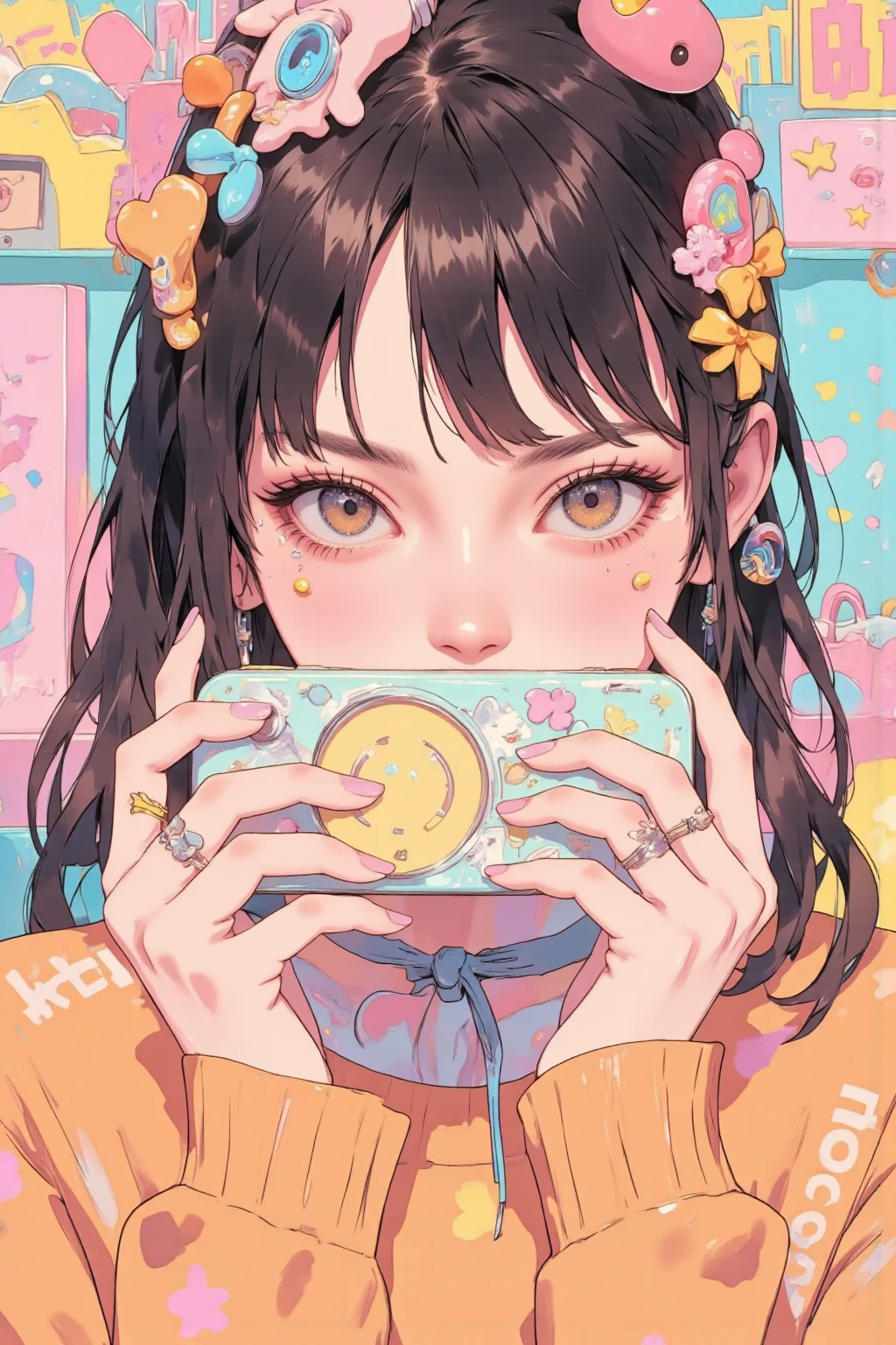  Anime Girl Hiding Her Mouth with a Decorated Cell Phone, Decora style illustration ,  soft anime illustration ,  Cell Phone-Themed Girl ,  Anime Girl Holding a Cell Phone ,Cute aesthetics, pastel goth aesthetics ,  anime atmosphere , Anime aesthetics, Lisa Frank & Murase Sho , 9 0 s Anime aesthetics, Holo Sticker, The aesthetics of orange, 90s anime style 