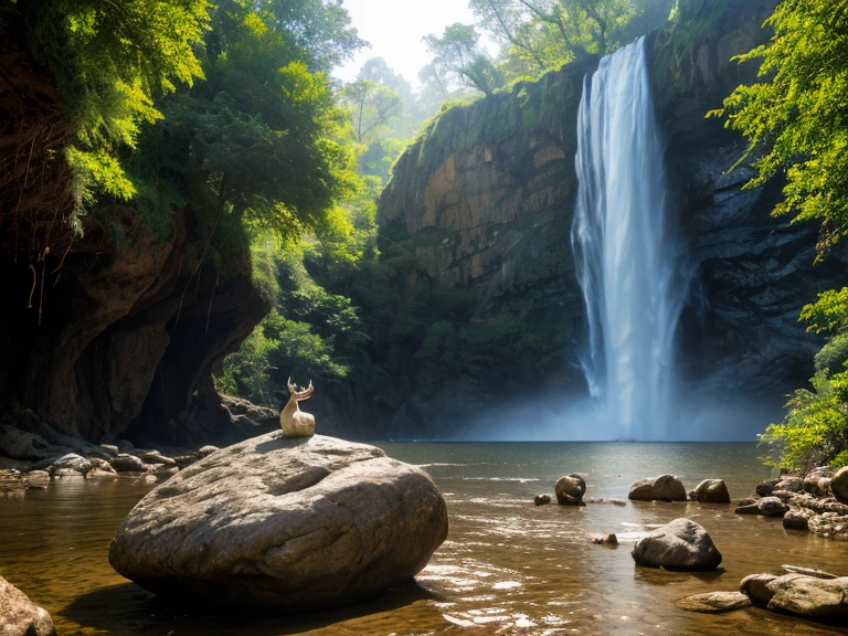  Floating rock Suspended in the air ,  with the giant face of Vishnu carved in the rock, At the bottom of the rock .   The face is merged with the rock , merging into it . On top of the rock ,  some deer surrounding a leafy and huge oak,  its roots are protruding and twisted .  A waterfall falls from the rock , in the form of a waterfall . Several other waterfalls around .  The whole scene is shrouded in fog .  Several rocks suspended in the air ,  floating around .  Intense light coming from the right side of the scene .