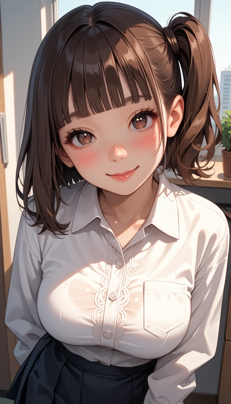 Score_9, score_8_up, score_7_up, score_6_up, source_anime, rating:general, 1girl, brown hair, side ponytail, blunt bangs, cute eyes, big brown eyes, shy smile, deep blush, head tilt, freckles, cute face, white shirt, lace trim, short skirt, pantyhose, loafers, large breasts, cleaveage, 8k quality, vivid colours, masterpiece, stood in office, standing, gazing dreamy at viewer