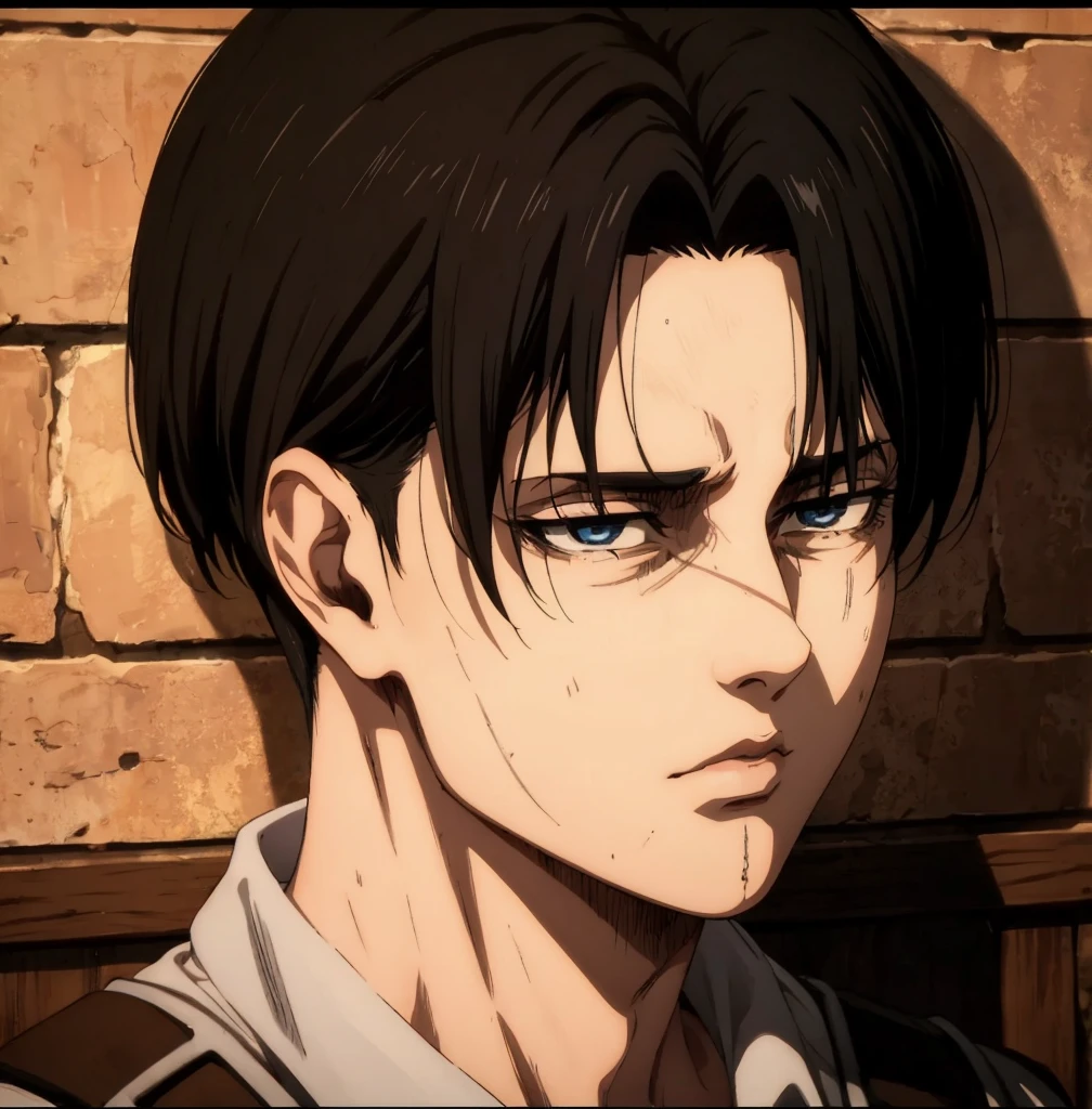 (best quality,4k,8k,highres,masterpiece:1.2),ultra-detailed,(realistic,photorealistic,photo-realistic:1.37), young male , mappa art style,  heart-shaped face,  dark blue eyes detailed, dark  hair with best hairstyle, he is slim, he looks handsome, sharp jawline, he is wearing grey suit, vibrant color,he looks like Levi Ackerman from Attack on Titan Season 4, portrayed in a solemn and intense demeanor. His appearance includes short black hair, tired gray eyes with visible dark circles.A thin scar runs along the bridge of his nose, subtle but noticeable, likely from an older injury.


Smaller abrasions and scratches are visible across his forehead and left cheek, indicating close combat or an explosion's aftermath.
